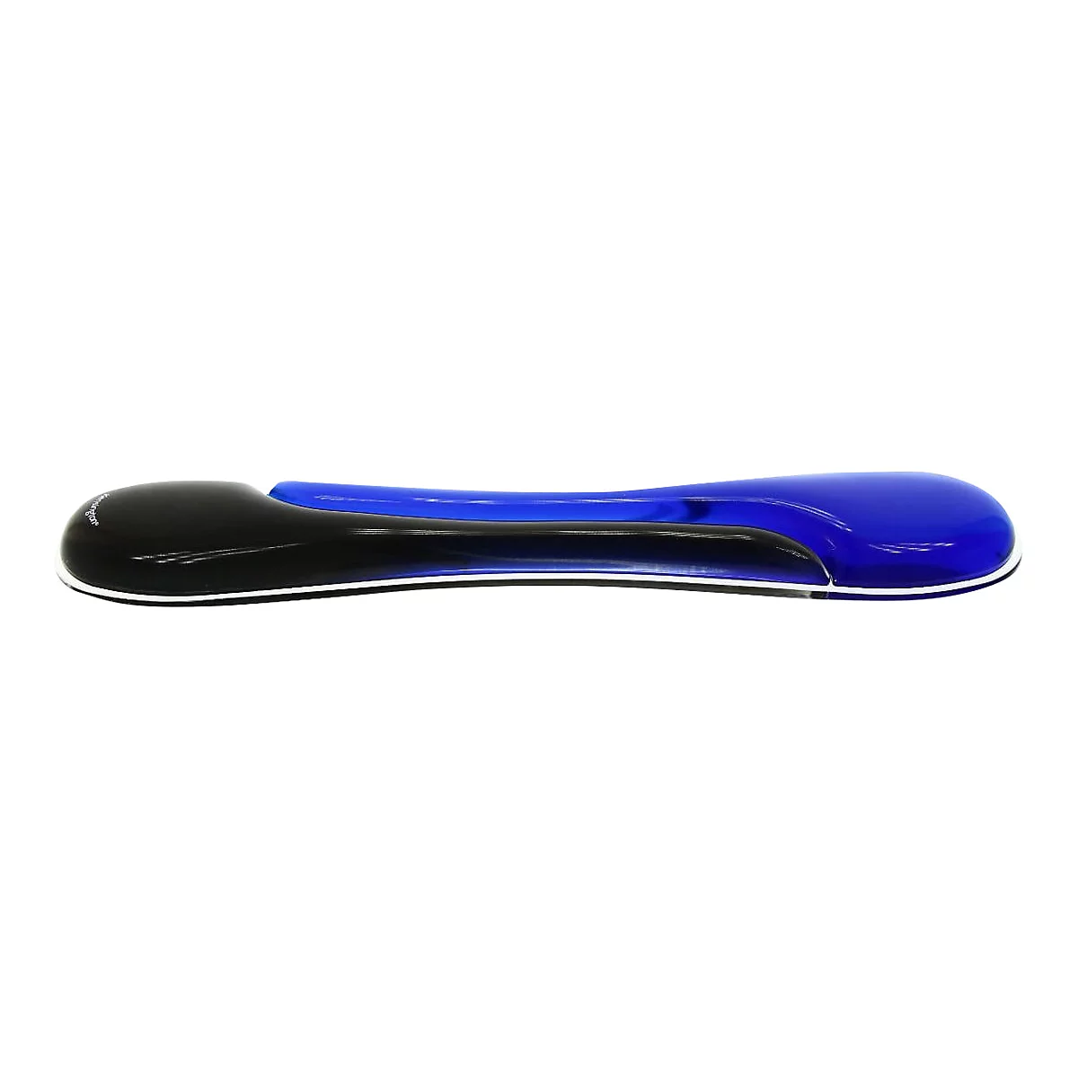 Ein ergonomisches Handgelenkpad in Schwarz, Blau und Weiß. Das Pad liegt auf weißem Hintergrund.