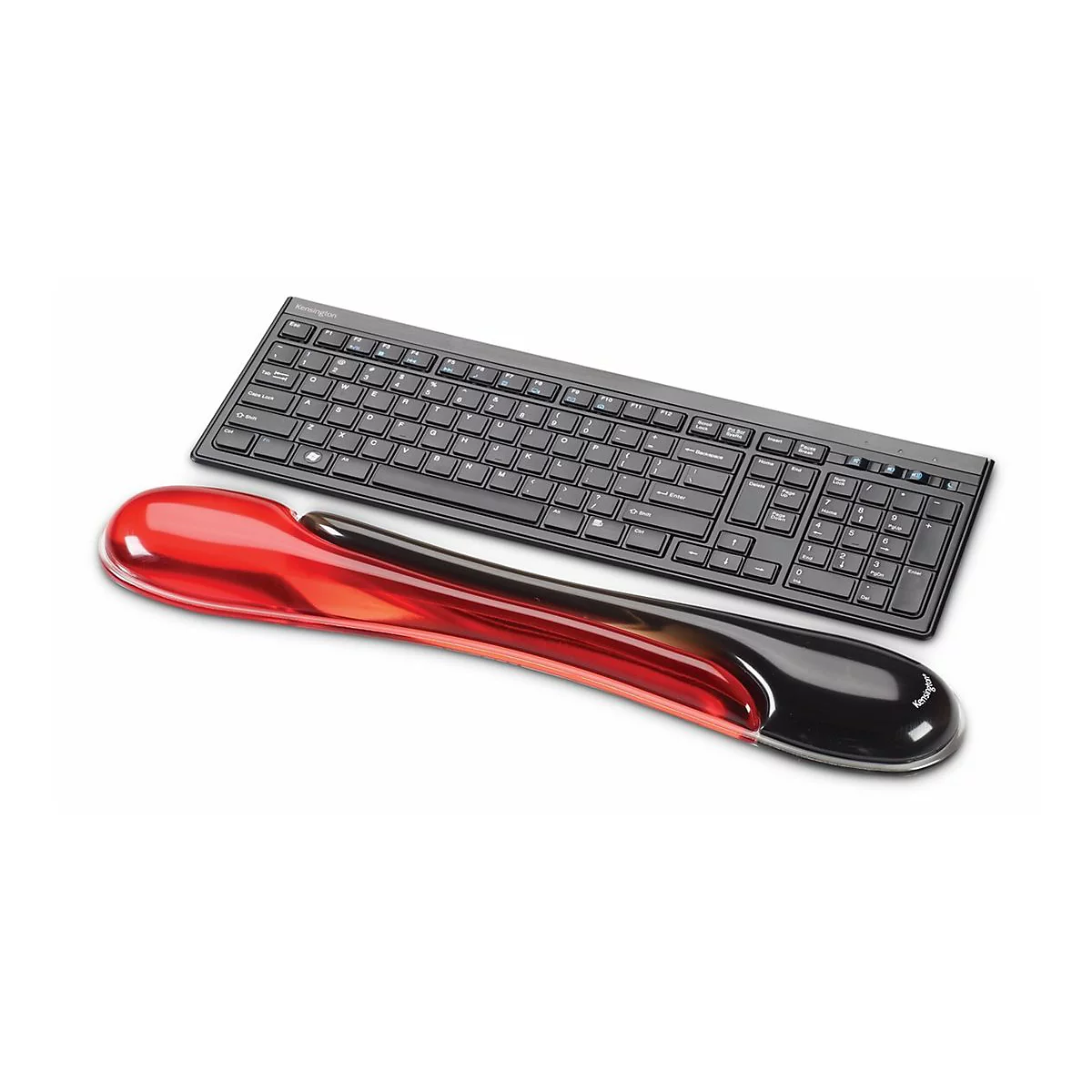 Schwarze Tastatur mit Handgelenkauflage in Rot und Schwarz auf weißem Hintergrund.