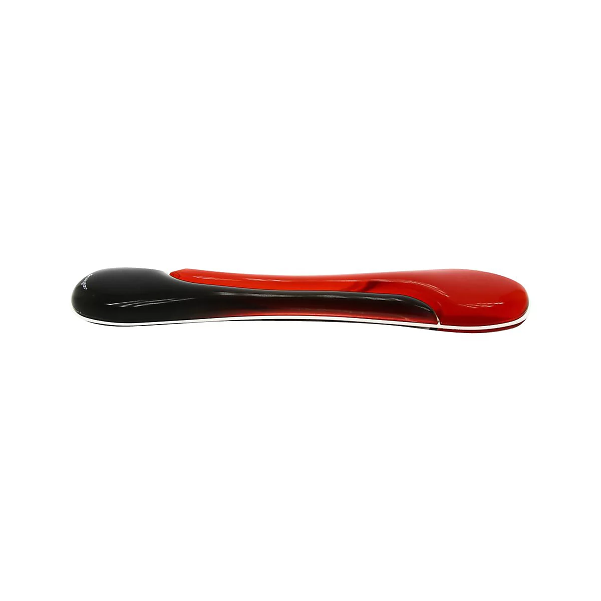 Ein ergonomisches Handgelenk-Pad, zweifarbig, schwarz und rot, mit einer weißen Linie an der Unterseite.