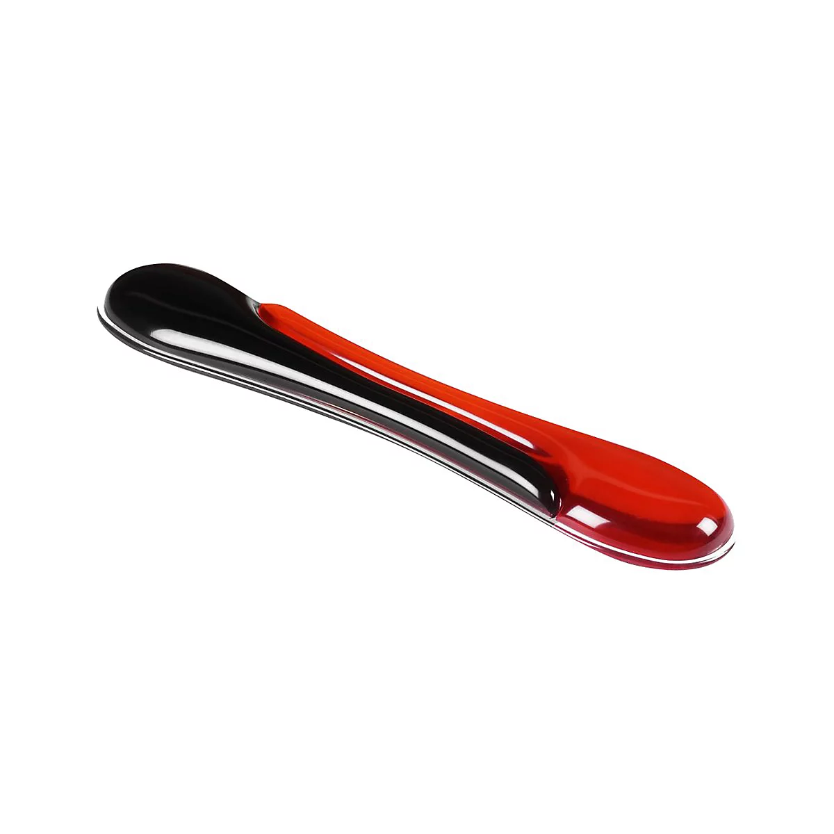 Ein ergonomisches Handgelenk-Pad in Schwarz und Rot, mit weißem Rand, auf weißem Hintergrund.