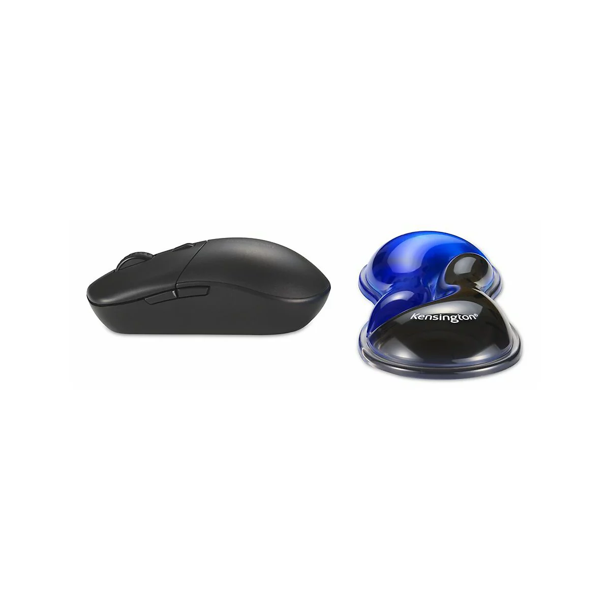 Schwarze Maus neben einer ergonomischen Maus mit Kensington-Logo. Beide auf weißem Hintergrund.