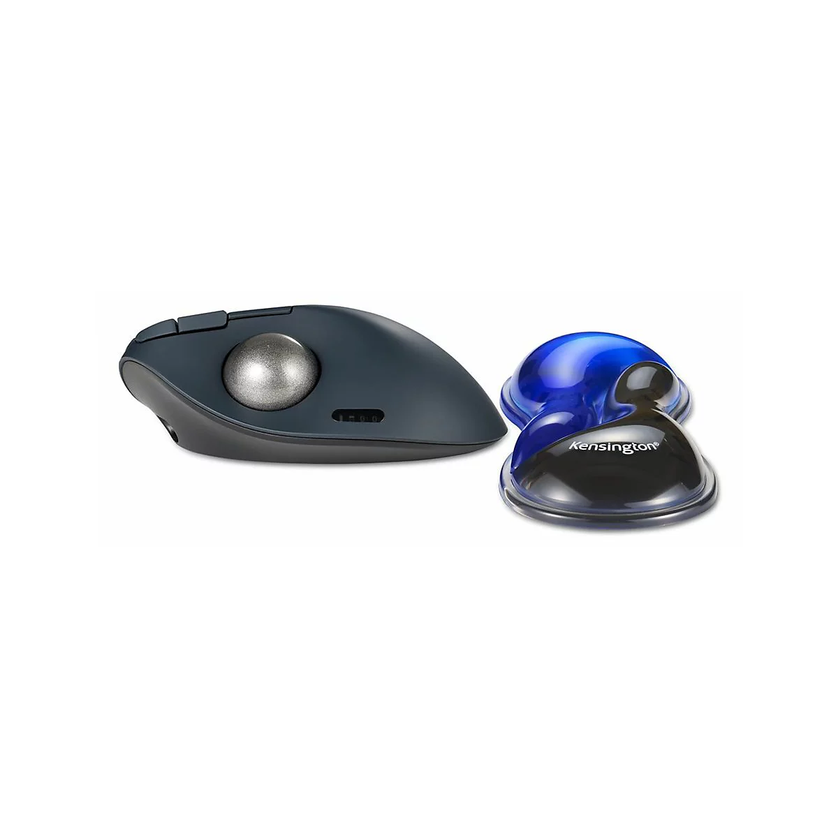 Dunkelgraue Trackball-Maus mit silberner Kugel neben einer schwarzen und blauen Ergonomiemaus. "Kensington" ist auf der Basis der Ergonomiemaus aufgedruckt.
