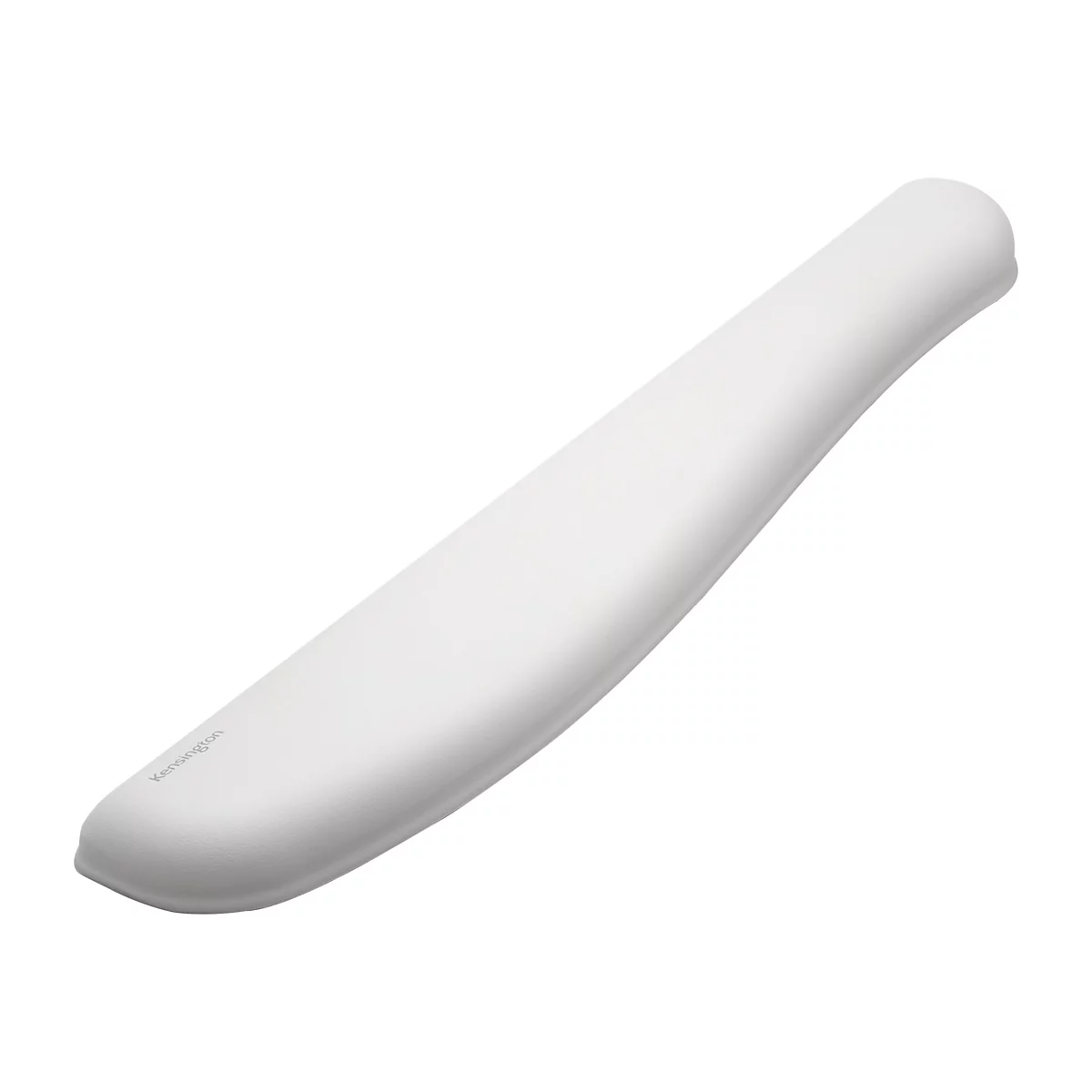 Weißes, ergonomisch geformtes Handgelenkstütze von Kensington. Schriftzug Kensington.