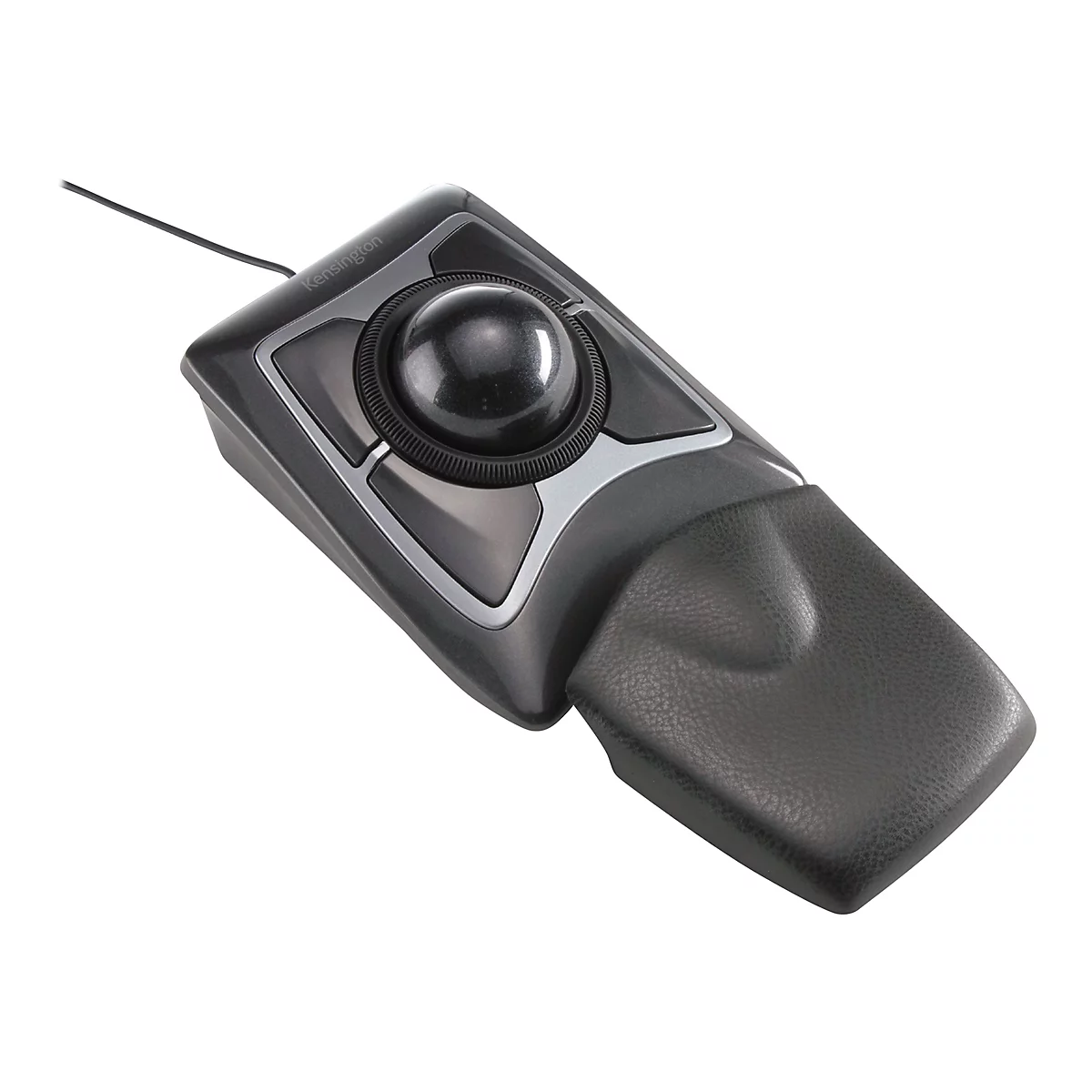 Ein ergonomischer Trackball-Maus von Kensington, hauptsächlich in dunklen Grautönen gehalten. Der Ball ist glänzend schwarz, daneben befinden sich Tasten und ein Handgelenkpolster.