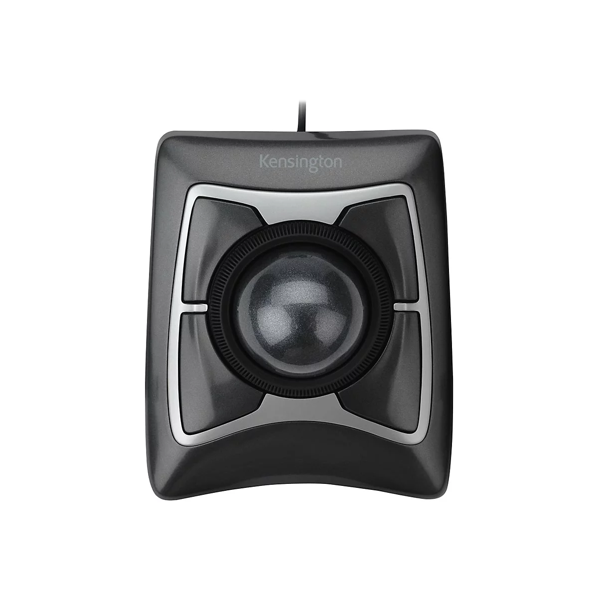 Grauer Trackball mit silbernen Akzenten, schwarzem Ball und Kensington-Logo.