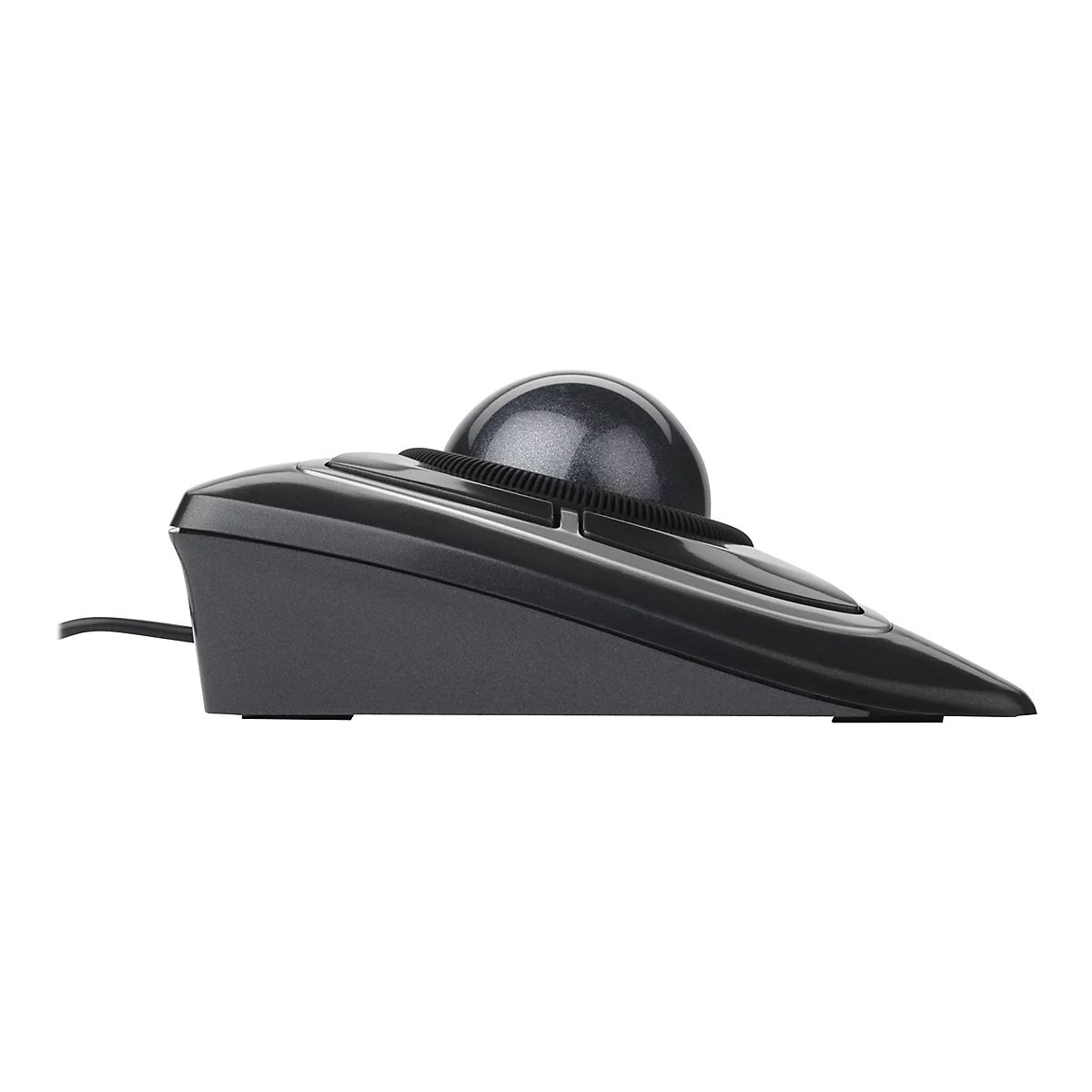 Drahtlose Trackball-Maus in Grau. Der Trackball befindet sich auf einer schrägen Basis, das Design ist stromlinienförmig.