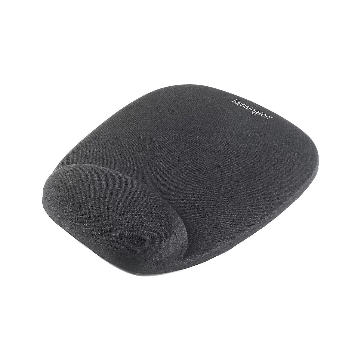 Schwarzes ergonomisches Mauspapier mit Handgelenkauflage. Aufschrift 'Kensington'.