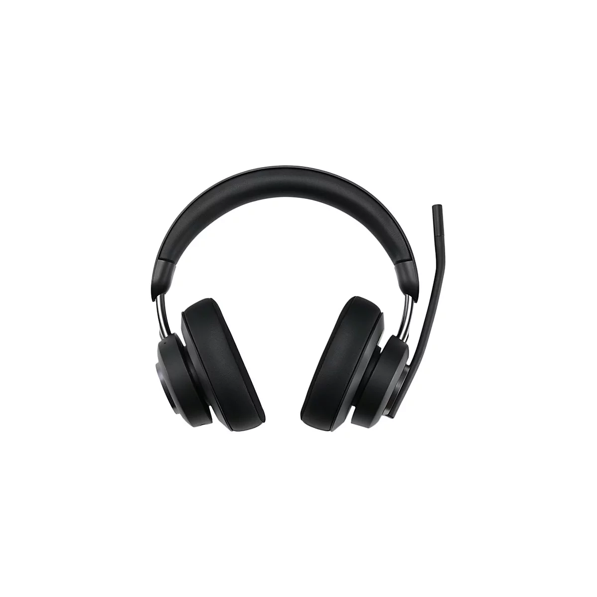 Casque supra-auriculaire noir avec microphone, sur fond blanc.