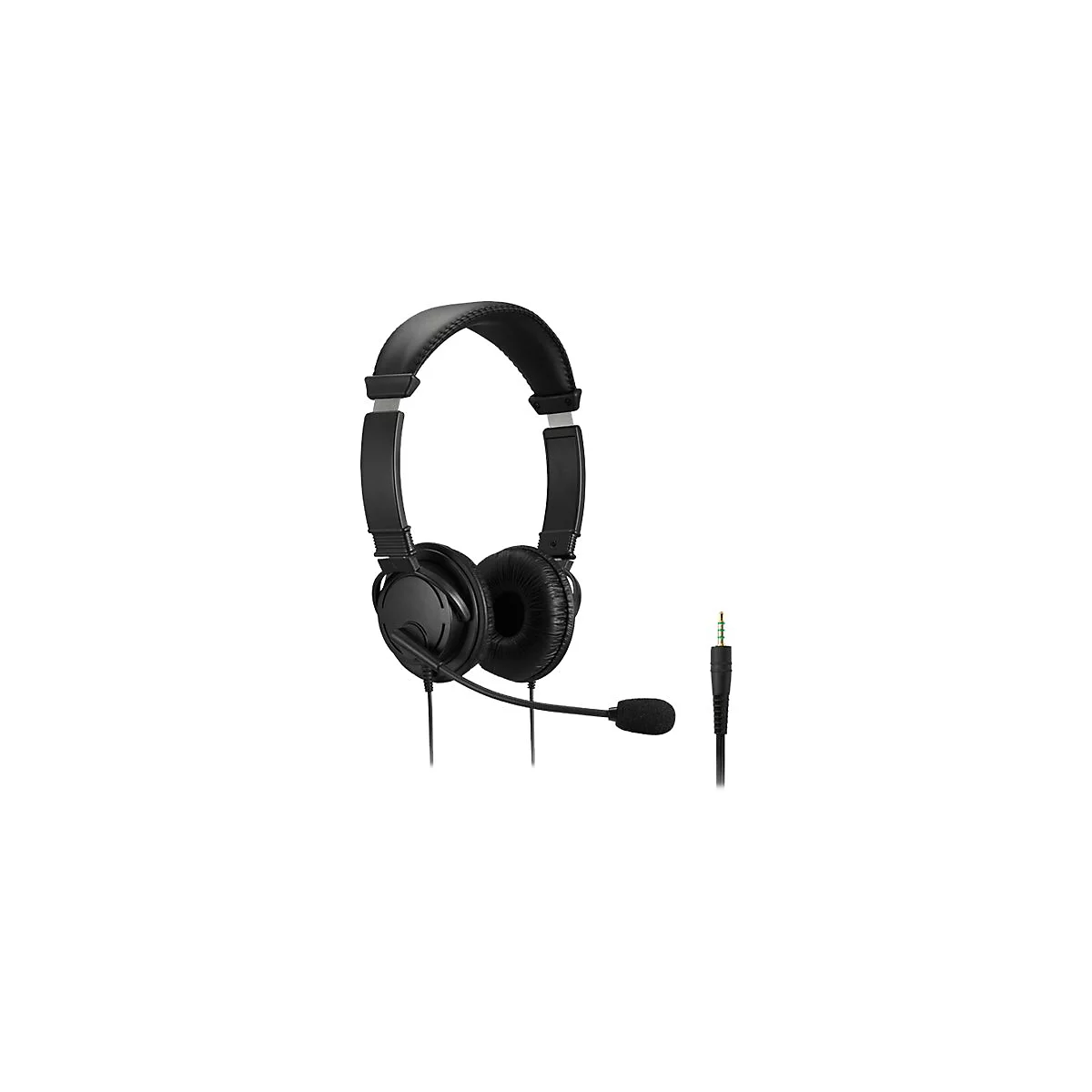 Schwarzes Headset mit Mikrofon und Klinkenstecker, isoliert auf weißem Hintergrund.