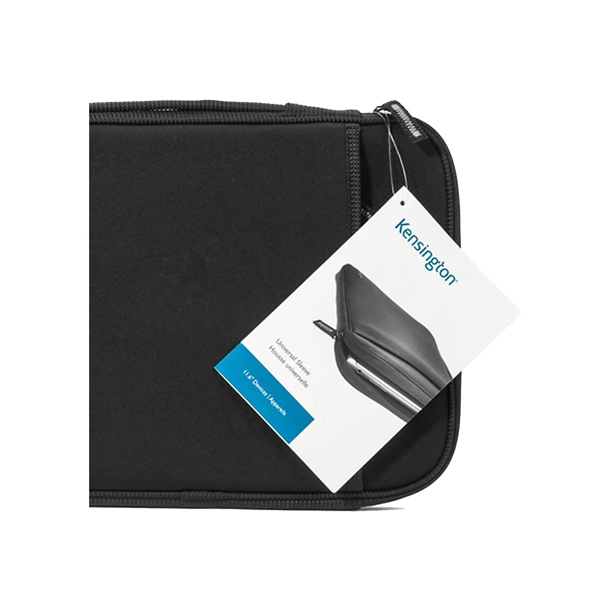 Housse d'ordinateur portable noire avec étiquette Kensington. L'étiquette indique "Universal Sleeve" et une image d'une housse.
