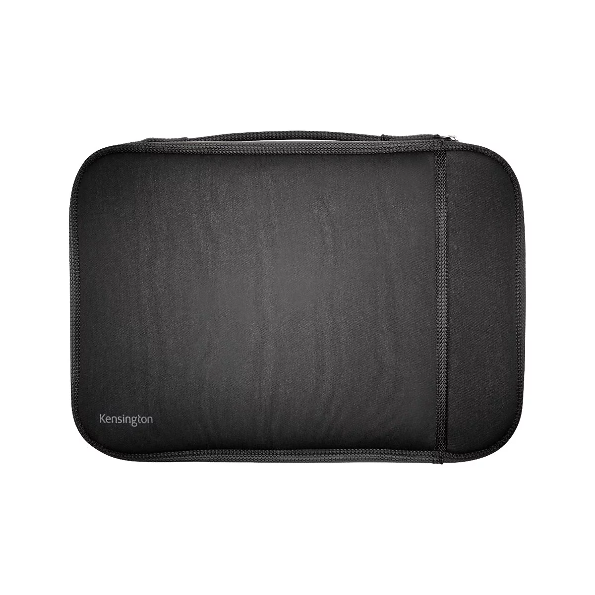 Sac d'ordinateur portable noir avec fermeture éclair. Le mot "Kensington" est dans le coin inférieur.