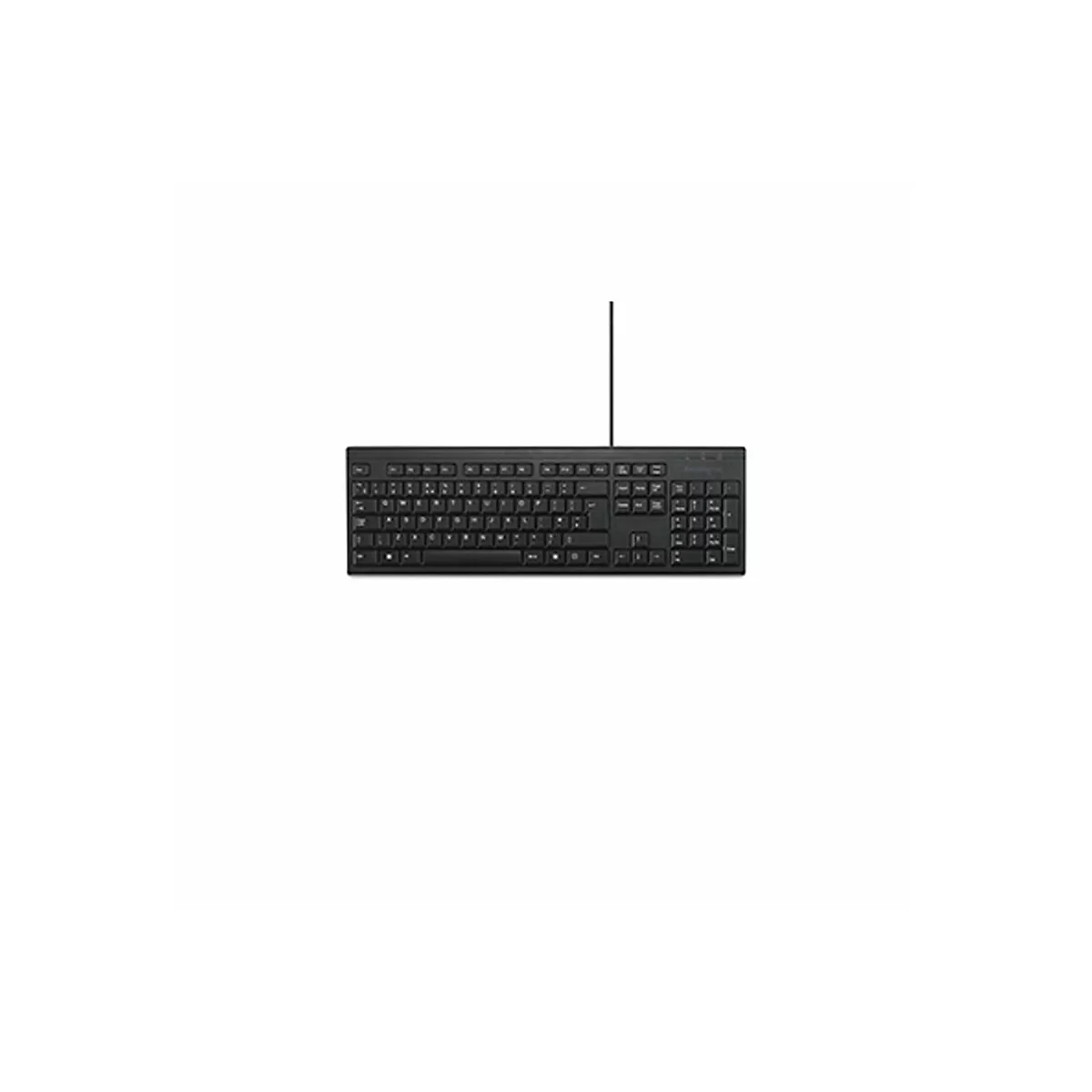 Schwarze Tastatur vor weißem Hintergrund. Mit Kabel verbunden.