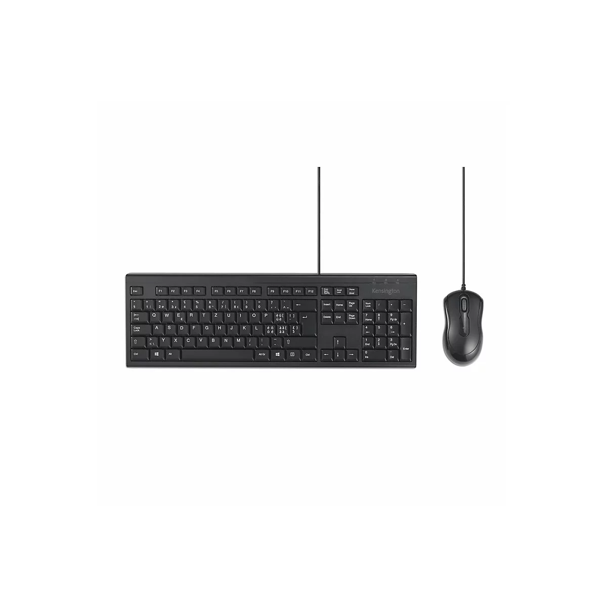 Schwarze Kensington Tastatur und Maus auf weißem Hintergrund.