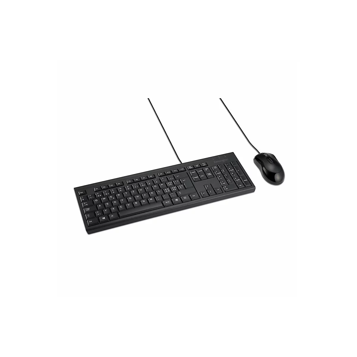 Schwarze Tastatur und Maus auf weißem Hintergrund. Die Tastatur hat ein Kabel, die Maus ist ebenfalls mit einem Kabel verbunden.