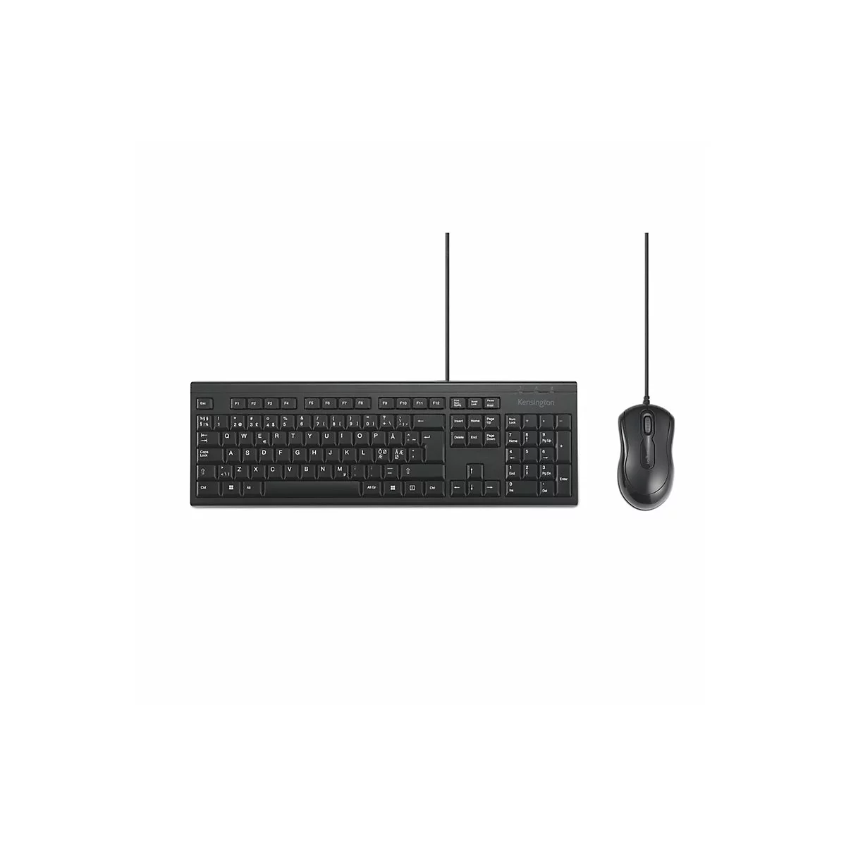 Clavier et souris noirs sur fond blanc. Le clavier a un câble, la souris a un long câble.