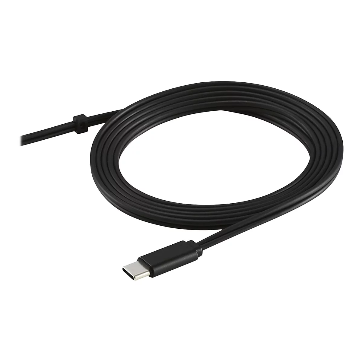 Un câble USB-C noir en boucle. La fiche est au premier plan.