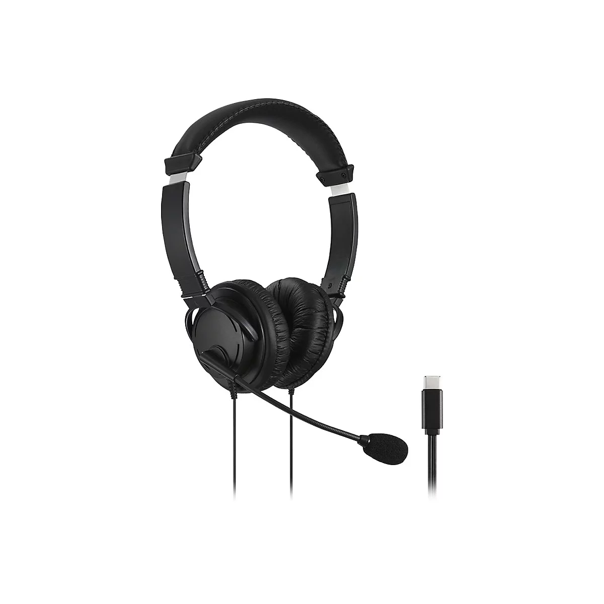 Casque noir avec microphone et connecteur USB-C. Le casque est contre un fond blanc.