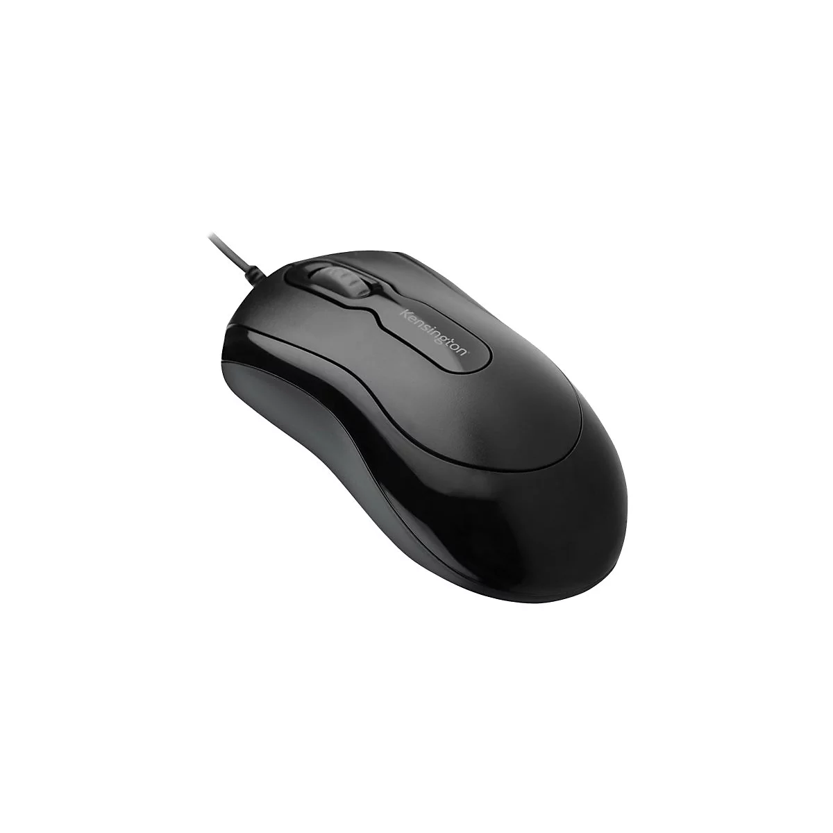 Souris Kensington noire sur fond blanc, câble visible.