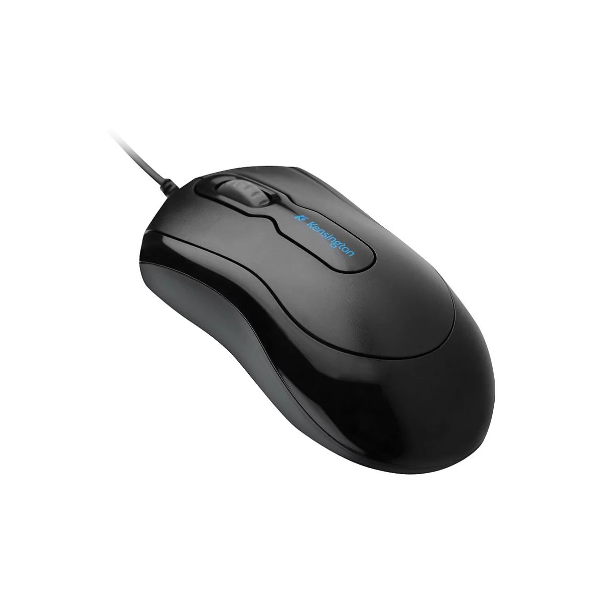 Souris d'ordinateur noire avec logo Kensington. Dessus avec molette de défilement. Connexion par câble.