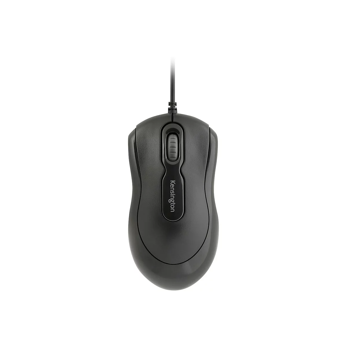Souris d'ordinateur sans fil grise avec molette et logo Kensington sur fond blanc.