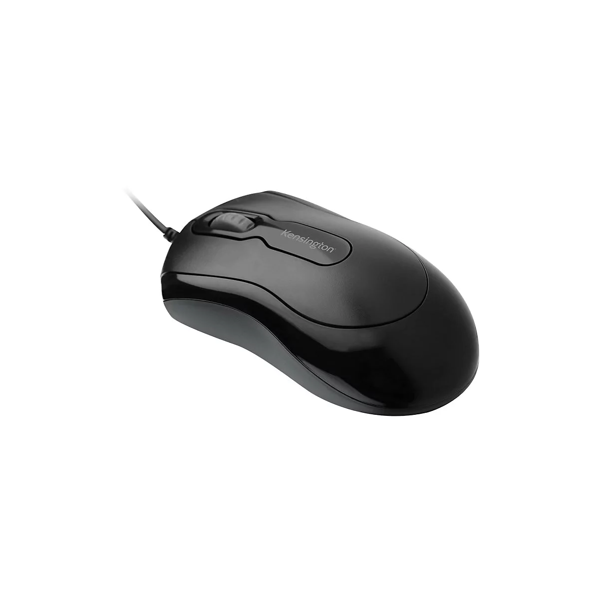 Schwarze Kensington-Maus vor weißem Hintergrund. Mit Kabel, Scrollrad und Logo.