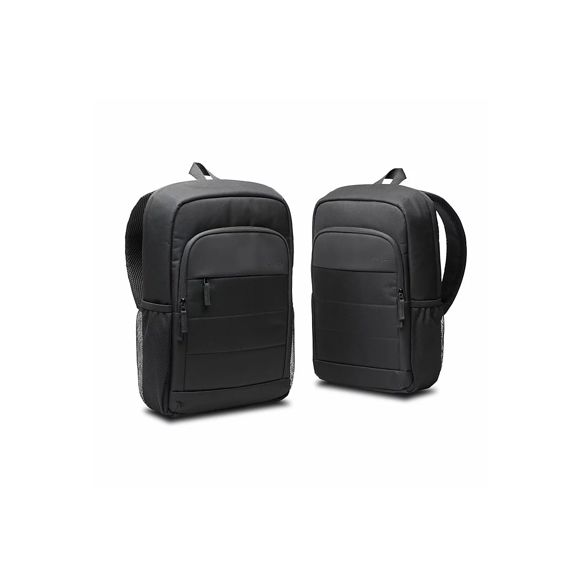 Deux sacs à dos noirs côte à côte, avec des poches zippées et des bretelles rembourrées.