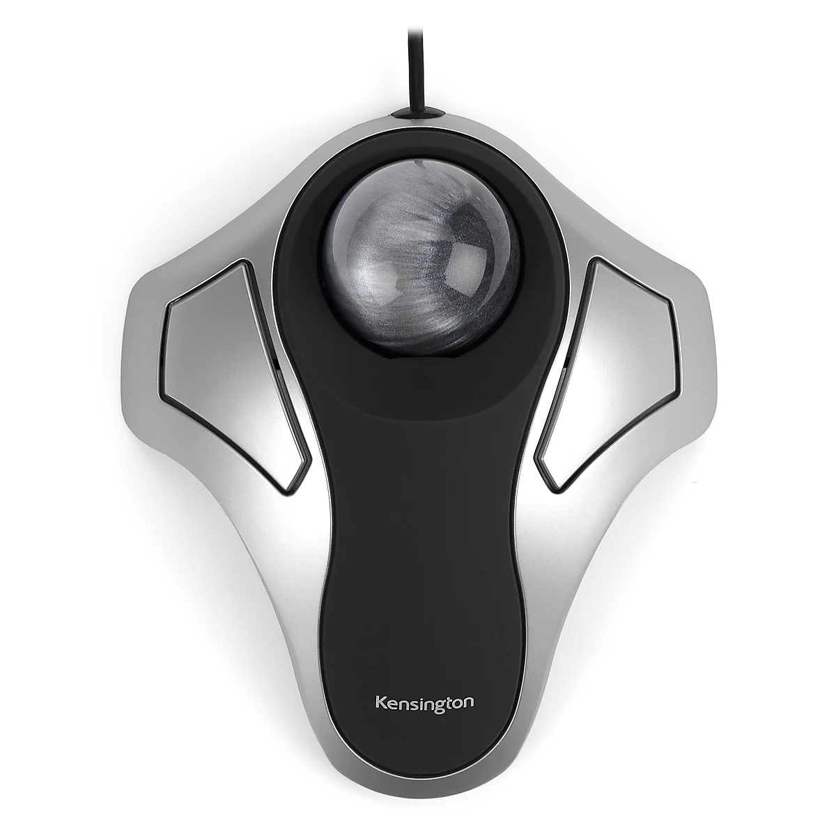 Wireless trackball mouse. Silver casing, black center, ball in the middle.