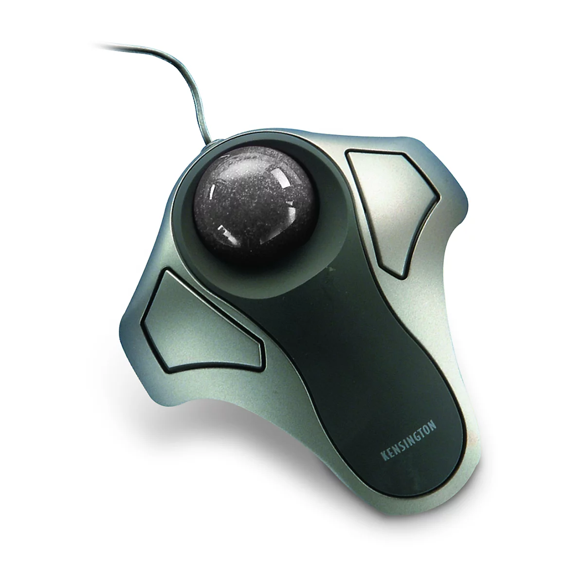 A silver trackball mouse with a black ball and cable. The writing KENSINGTON can be seen.