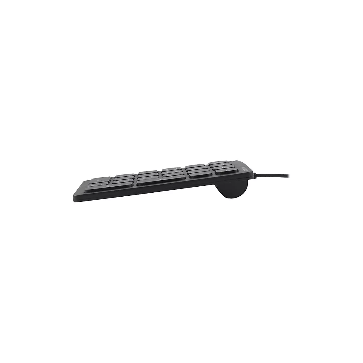 Clavier ergonomique noir avec câble, présenté de côté en biais. Touches rectangulaires, bas arrondi.