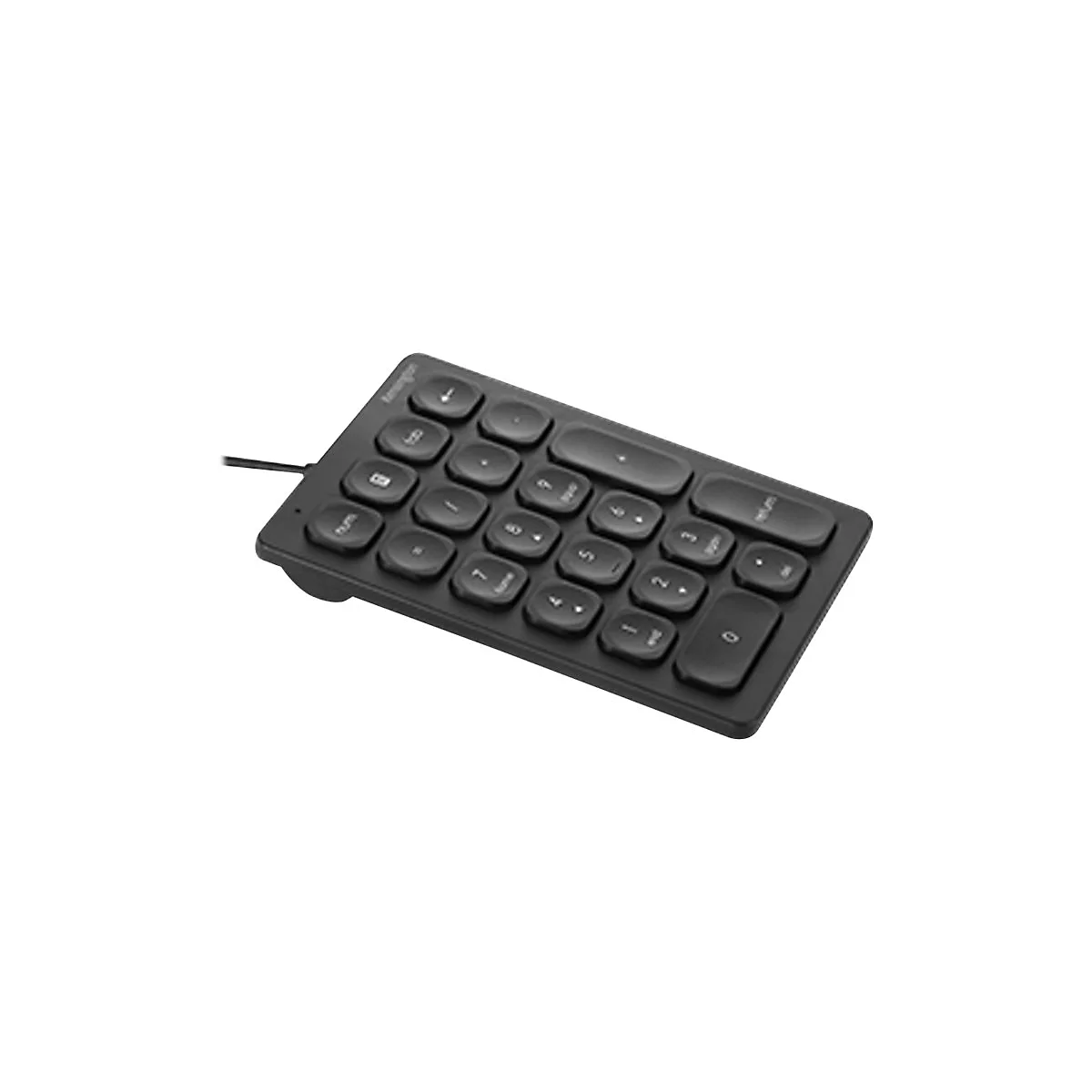 Pavé numérique noir avec touches rondes, lettrage blanc et câble.