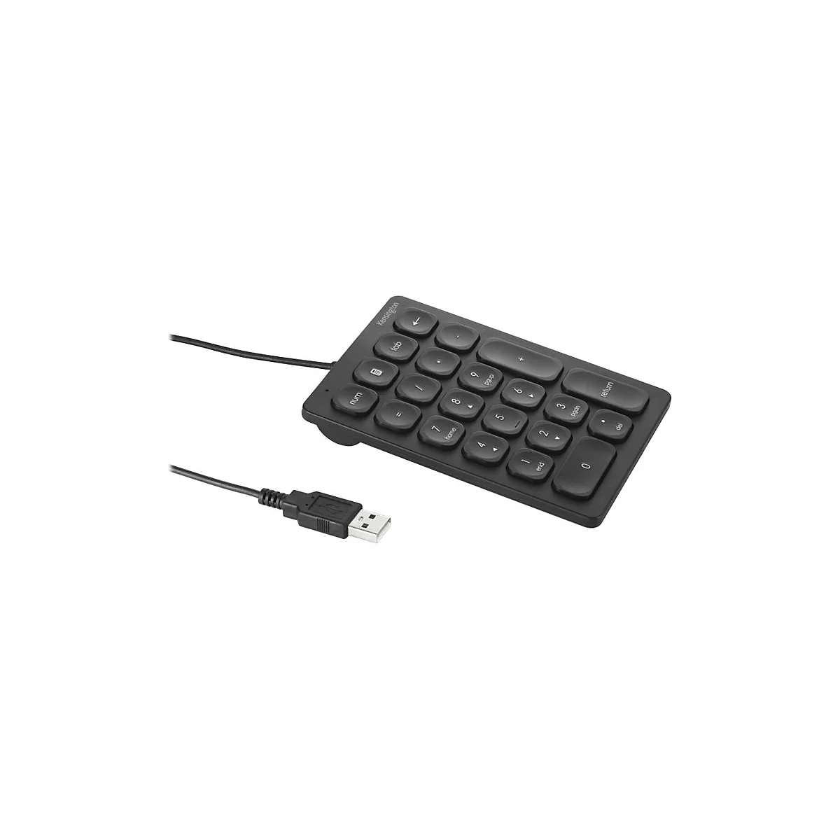 Pavé numérique Kensington noir avec câble USB. Les touches sont étiquetées, y compris les chiffres et les touches de fonction.