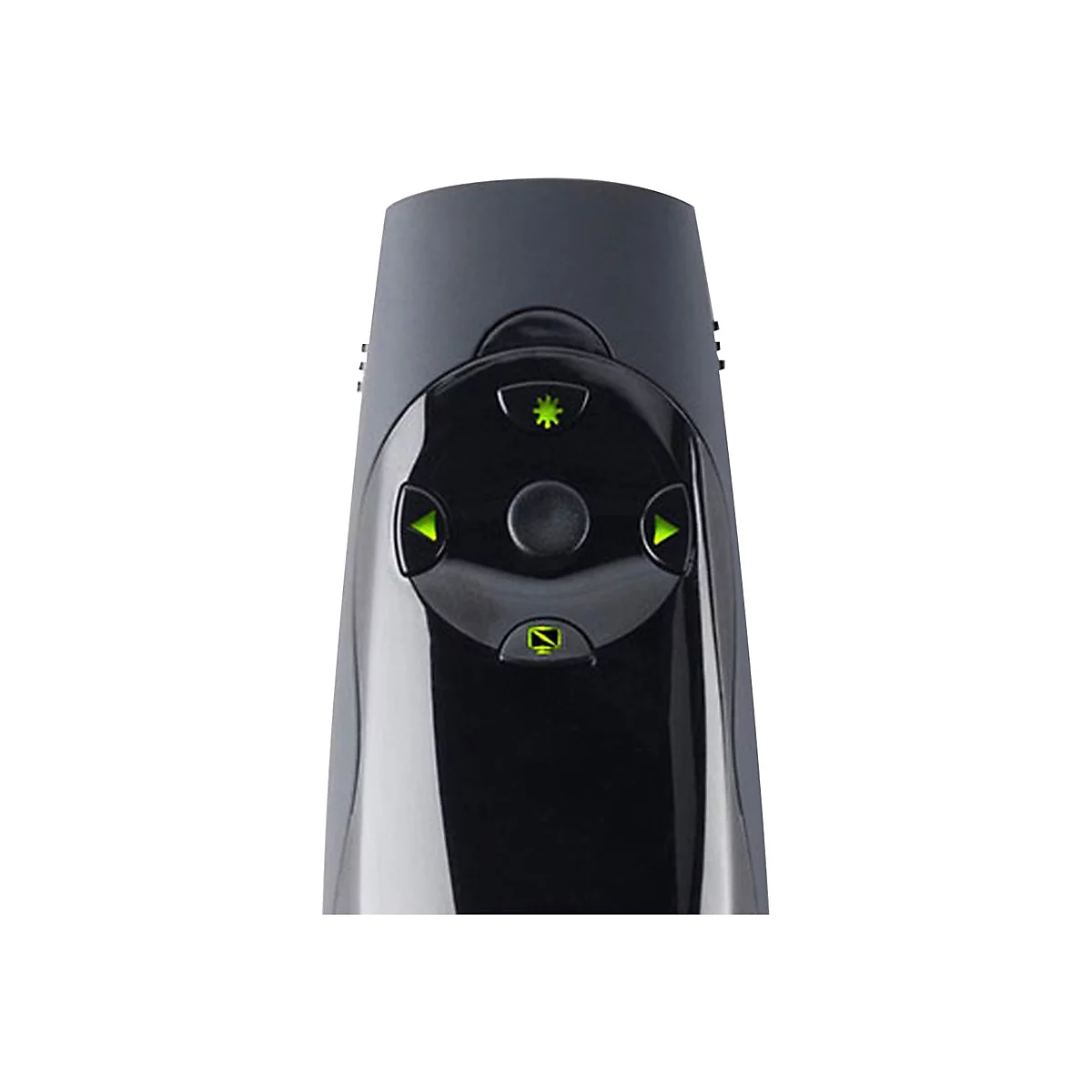Nahaufnahme eines schwarzen Präsentations-Clickers mit grünen beleuchteten Pfeiltasten und Symbolen.