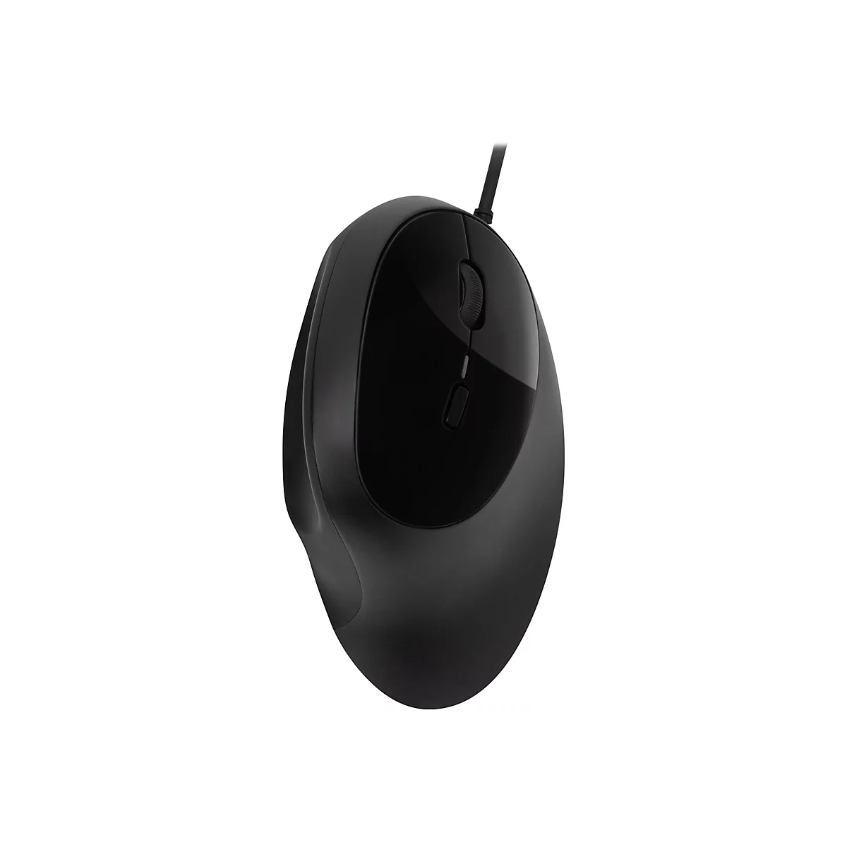 Schwarze Computermaus vor weißem Hintergrund. Die Maus hat eine ergonomische Form, eine mittlere und zwei Seitentasten.