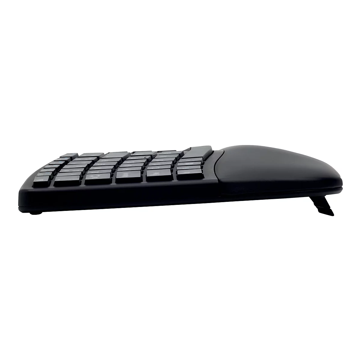 Vue latérale d'un clavier ergonomique noir. Forme des touches incurvée, repose-poignet intégré.