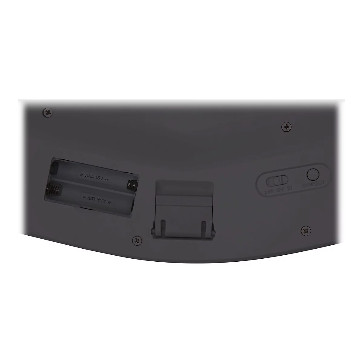 Gros plan sur l'arrière d'un clavier gris. Compartiments de batterie ouverts, étiquetés avec "AAA 1.5V", interrupteurs pour 2.4G OFF BT et Connect.