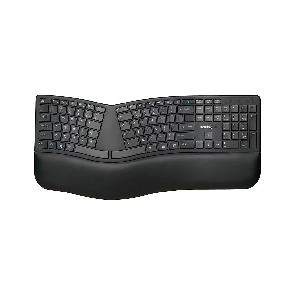 Clavier ergonomique noir, vue de dessus. Le clavier est divisé et possède un repose-poignet intégré. Le mot Kensington est visible.
