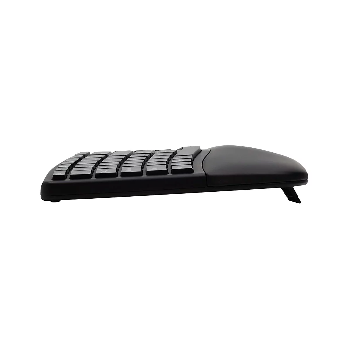 Clavier ergonomique noir, vu légèrement d'en haut, avec des touches et un repose-poignet.