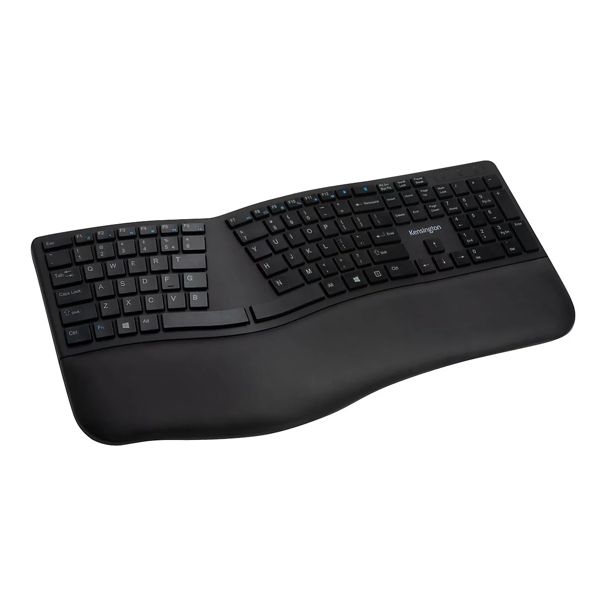 Clavier Kensington ergonomique noir, de forme incurvée avec repose-poignet.