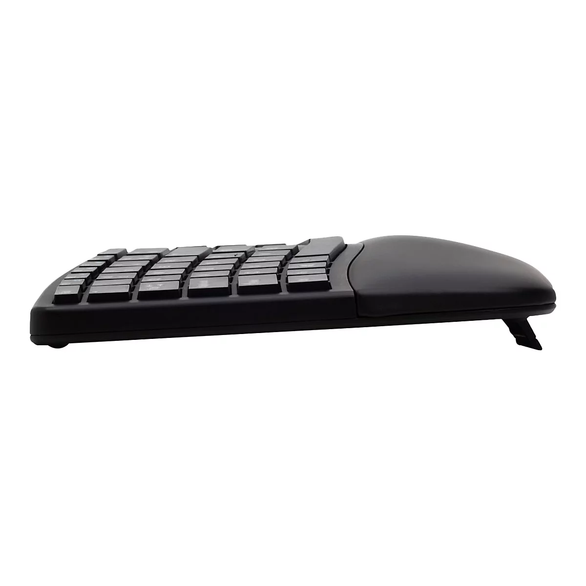Vue latérale d'un clavier ergonomique noir avec un repose-poignets intégré et des pieds pliables.