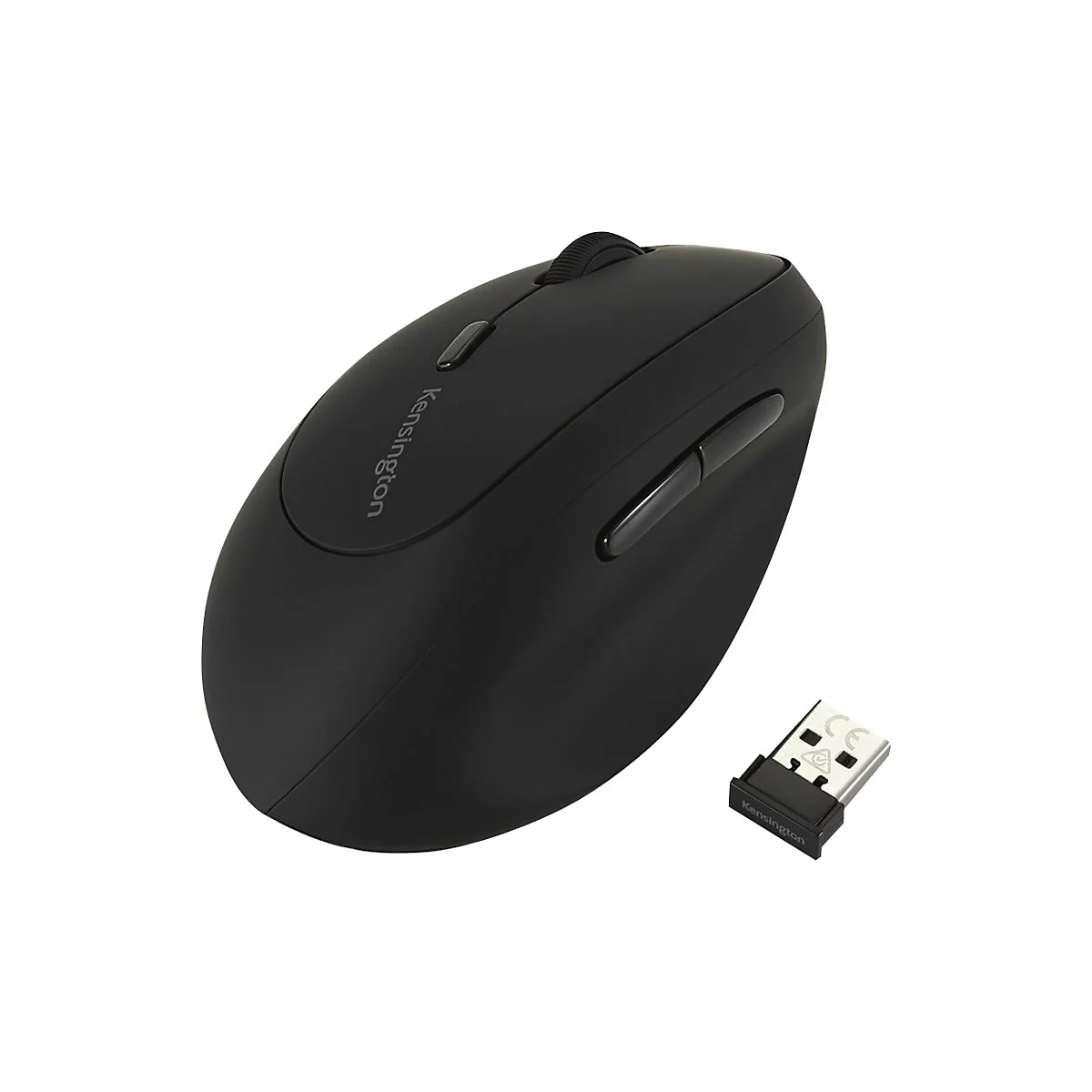 Schwarze Kensington-Maus, Rollrad, zwei Seitentasten. Inklusive USB-Empfänger mit Kensington-Logo.