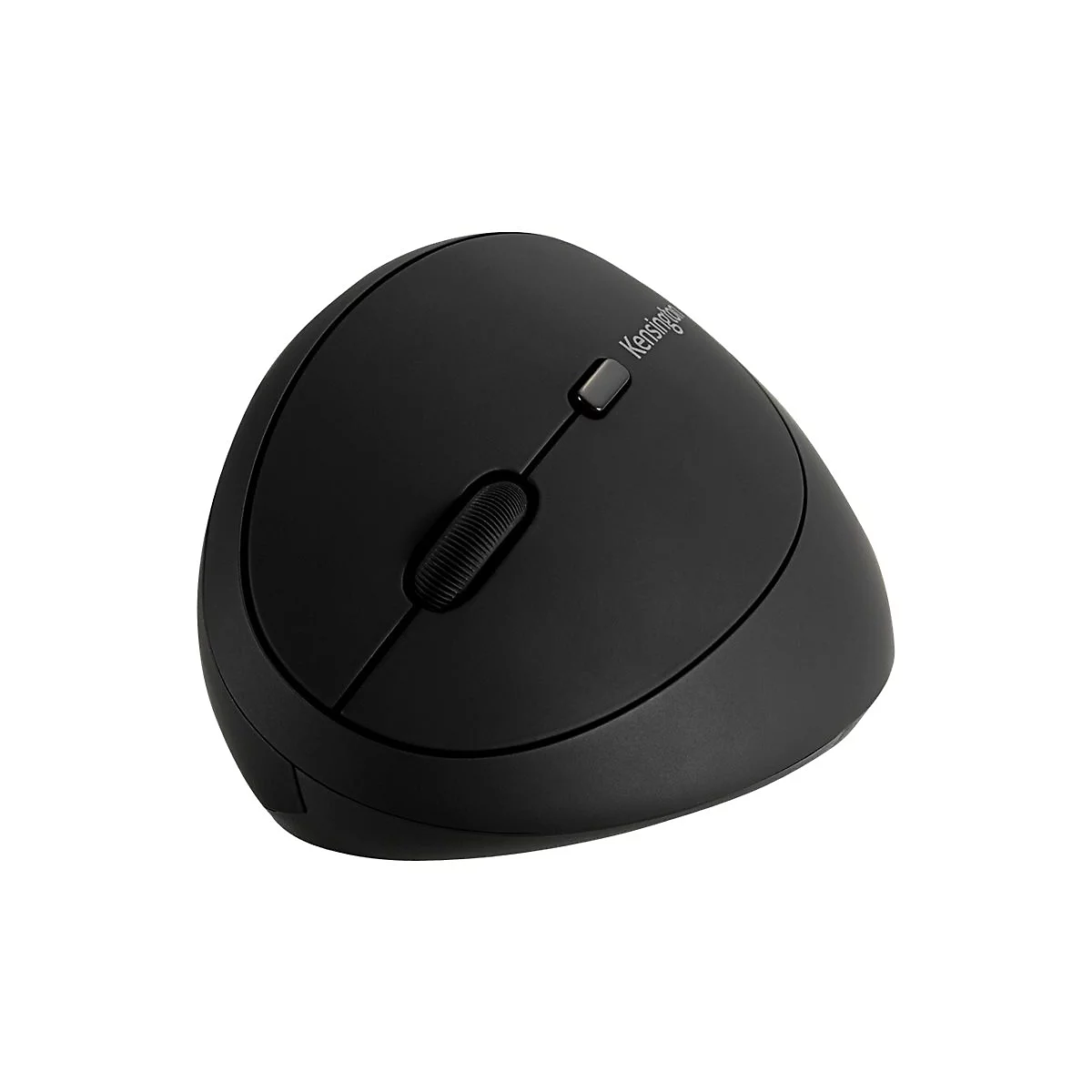 Schwarze ergonomische Maus mit Kensington-Logo, Scrollrad und Maustasten.