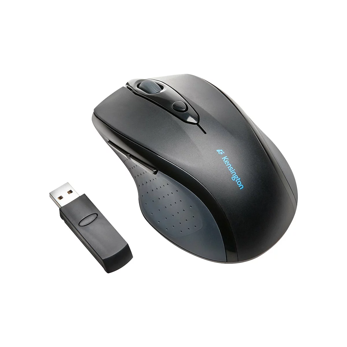 Drahtlose schwarze Maus mit USB-Empfänger, Marke Kensington. Auf weißem Hintergrund.