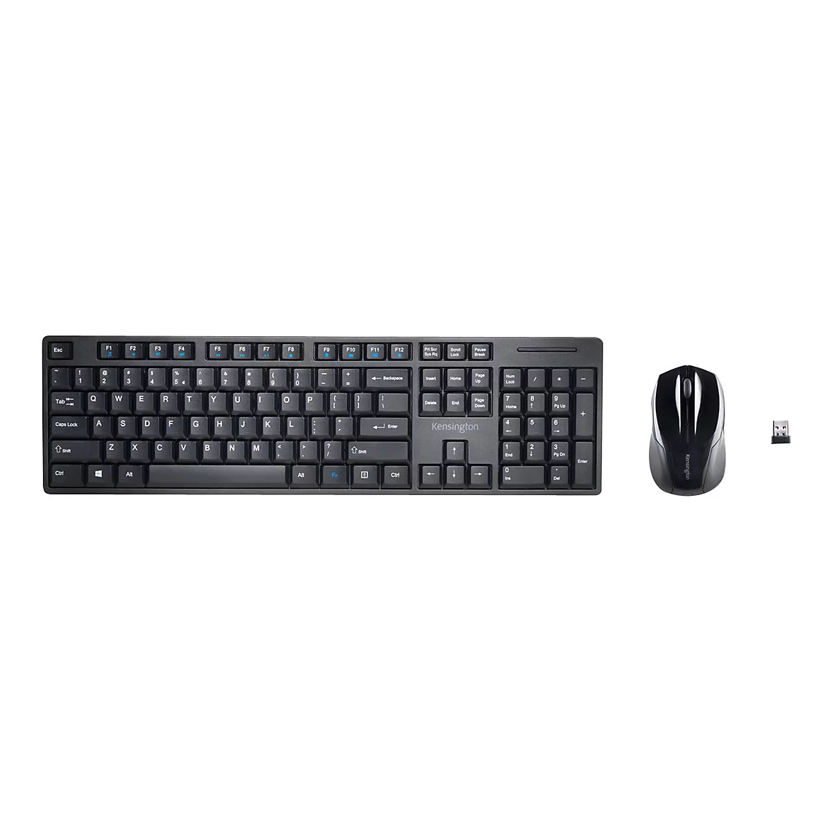 Schwarzes Tastatur-Maus-Set auf weiÃŸem Hintergrund. Die Tastatur hat rechteckige Tasten, die Maus ein ergonomisches Design und ein USB-EmpfÃ¤nger.