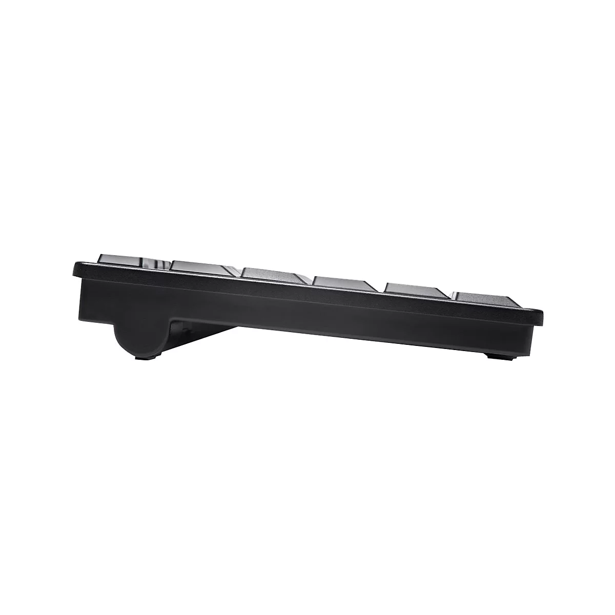 Seitenansicht einer schwarzen Tastatur, die leicht abgewinkelt ist.