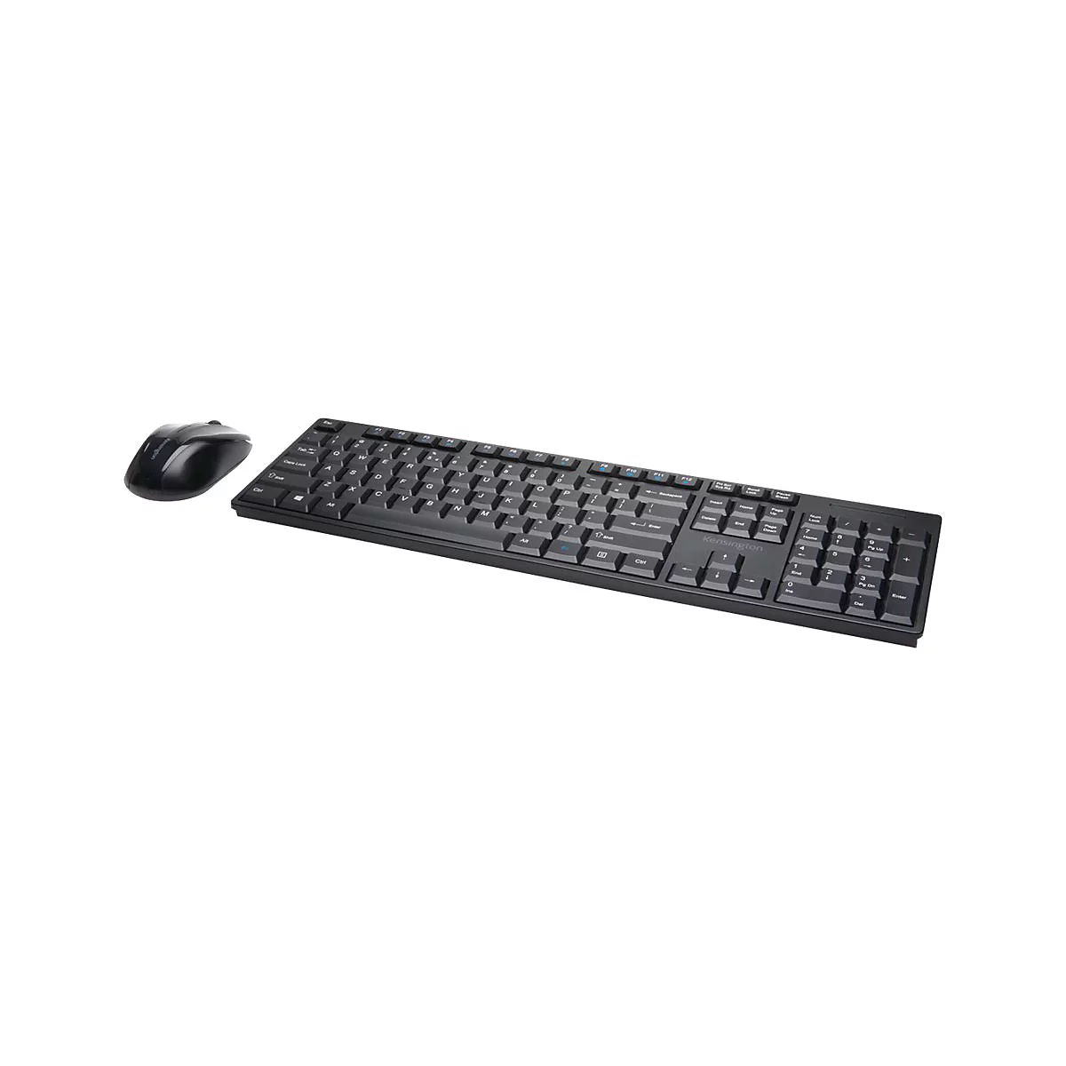 Schwarzes Tastatur-Maus-Set, perspektivisch fotografiert, isoliert auf weiÃŸem Hintergrund.
