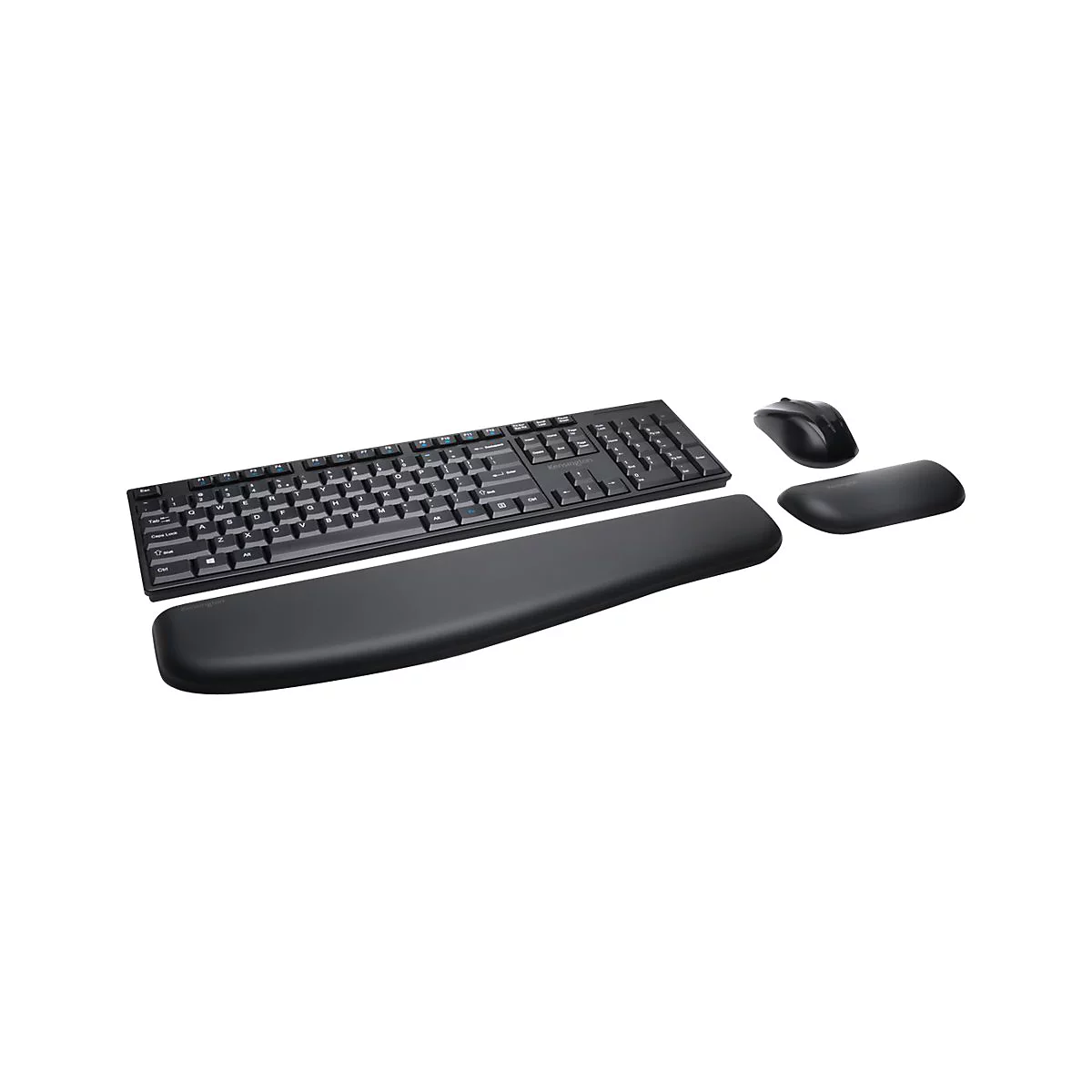 Schwarzes Tastatur-Maus-Set, inkl. Handgelenkauflage. Das Set liegt vor weiÃŸem Hintergrund.