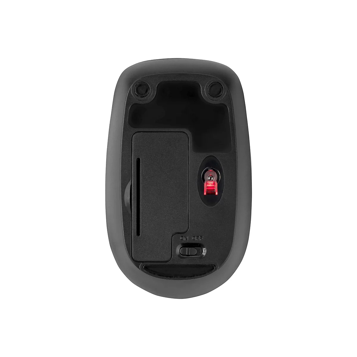 Draufsicht auf eine schwarze Computermaus, unterseitig. Sichtbar sind: Einschalter, Batteriefach und Sensor.
