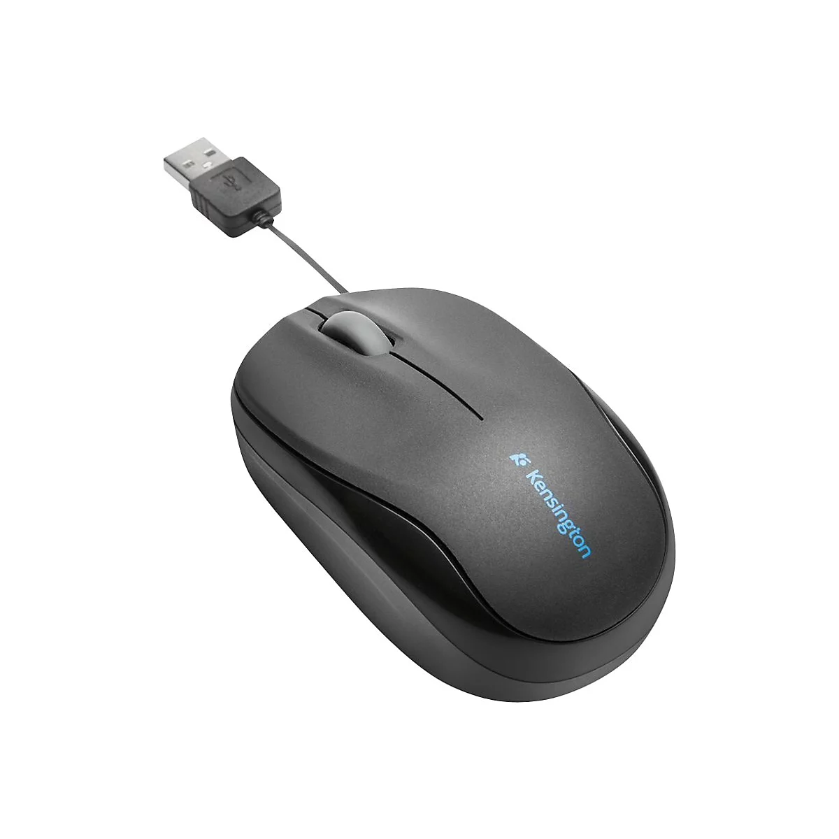 Schwarze Kensington-Maus mit USB-Anschluss. Mausrad grau. Kensington-Logo in Blau.