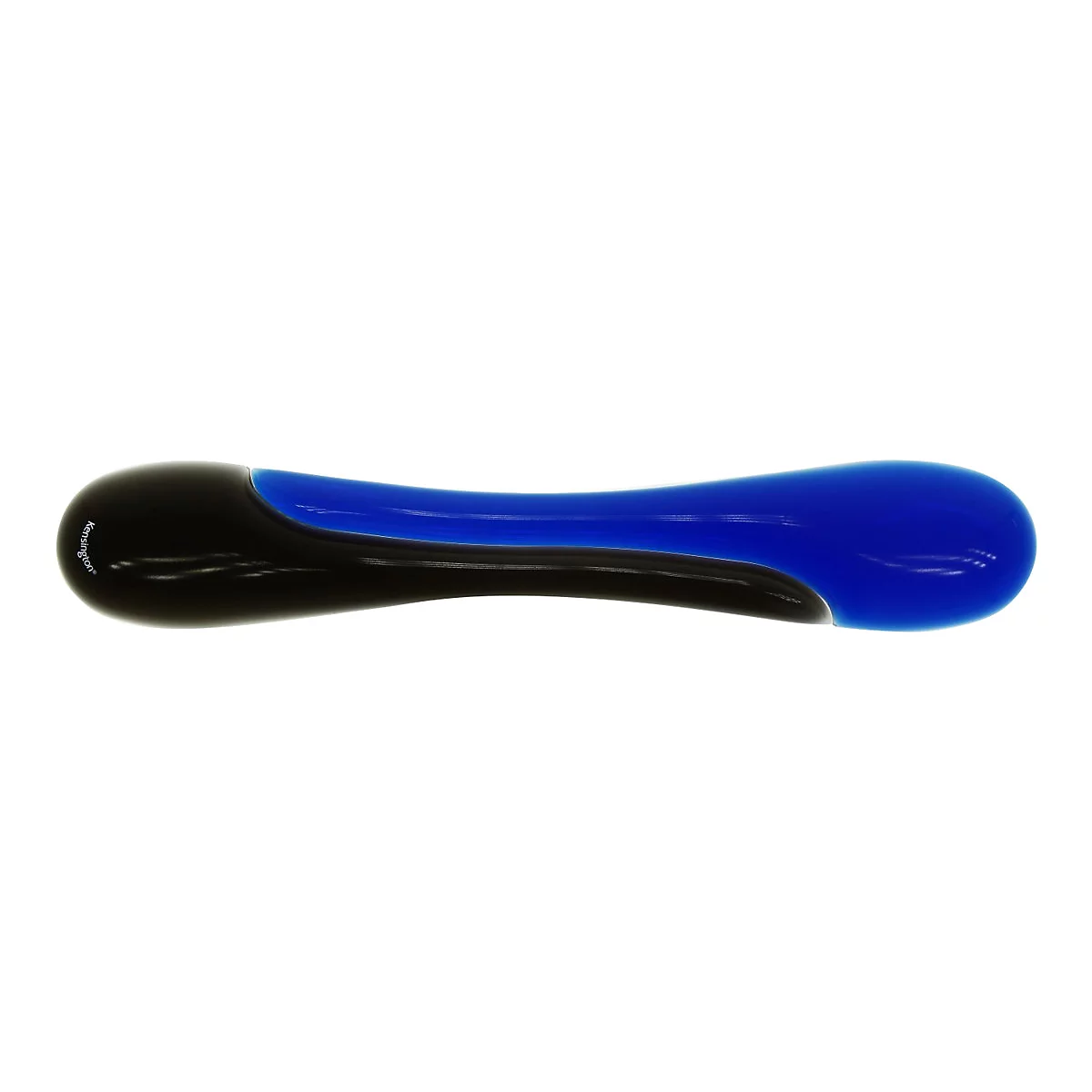 Un repose-poignet ergonomique bleu et noir, oblong, sur fond blanc.