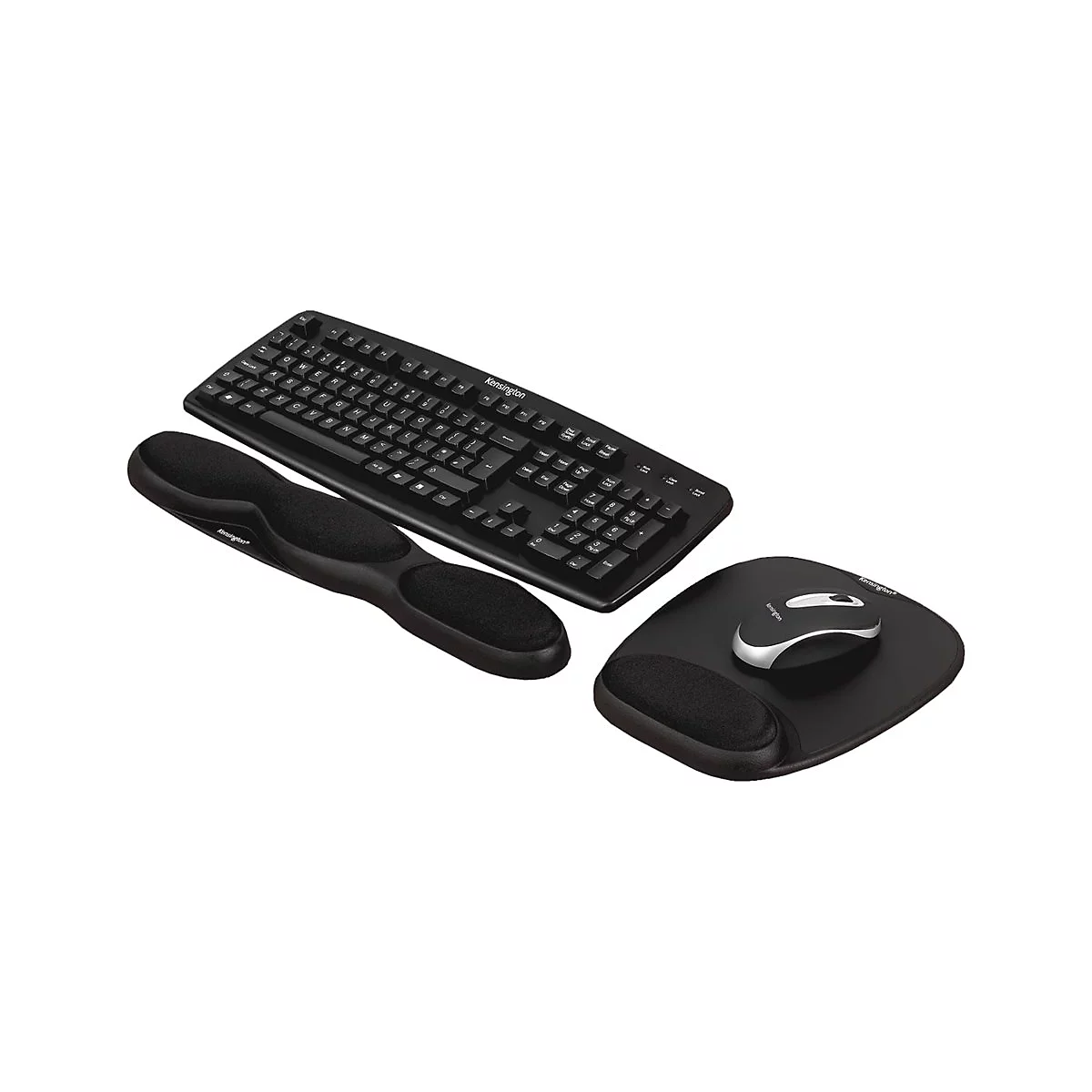 Ensemble informatique noir avec clavier, repose-poignet, souris et tapis de souris.